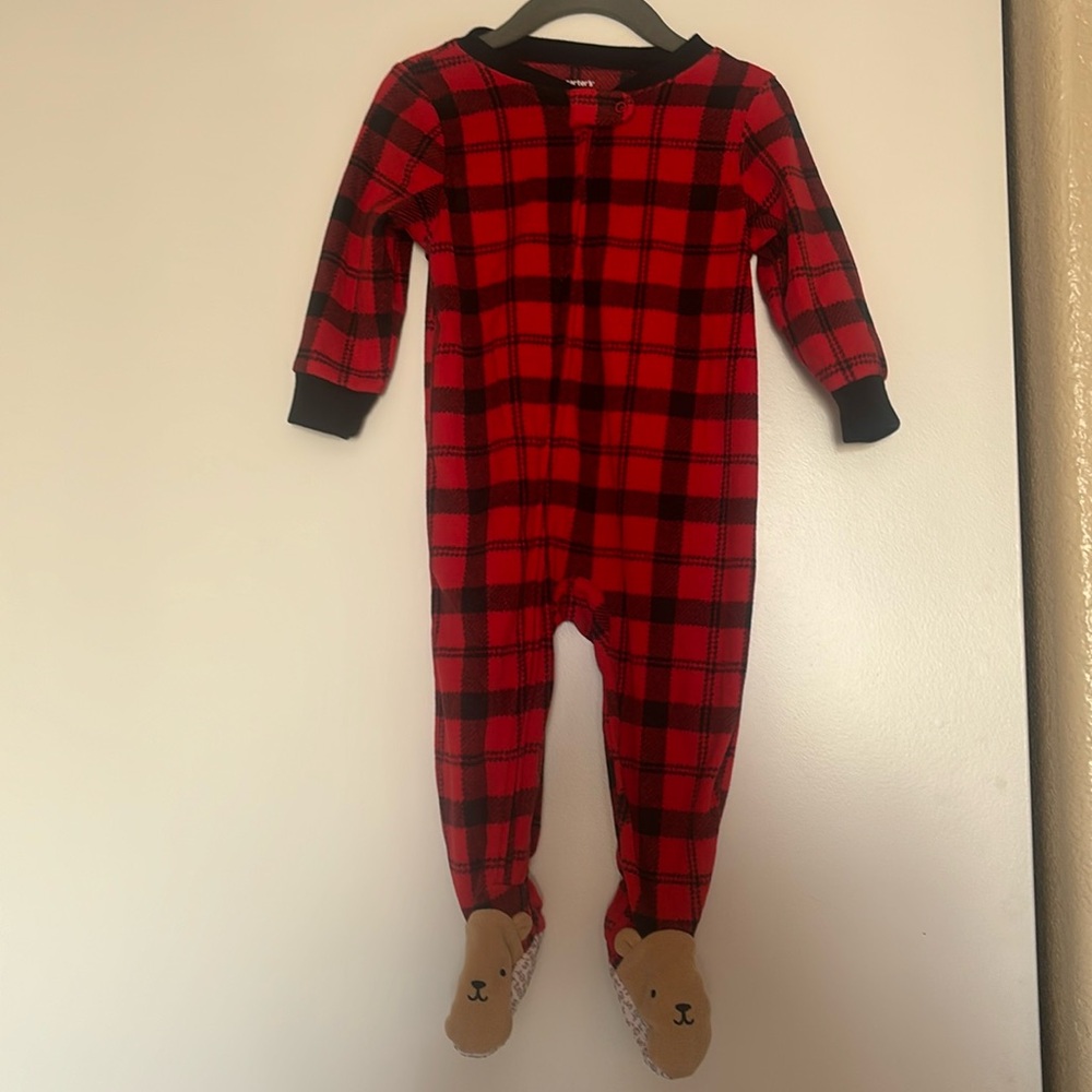 Carter's 1 Pc Fleece Red Black Buffalo Plaid Bear Footed Sleeper 12 Months